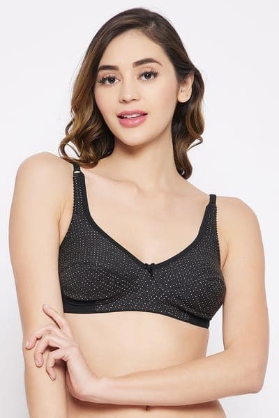 Non-Padded Non-Wired Full Cup Polka Dot Bra in Black - Cotton | Clovia Non-Padded Non-Wired Full Cup Polka Dot Bra in Black - Cotton | Clovia