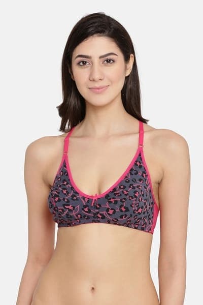 Non-Padded Non-Wired Full Coverage Printed Racerback Bra in Grey- Cotton - Cotton Non-Padded Non-Wired Full Coverage Printed Racerback Bra in Grey- Cotton - Cotton