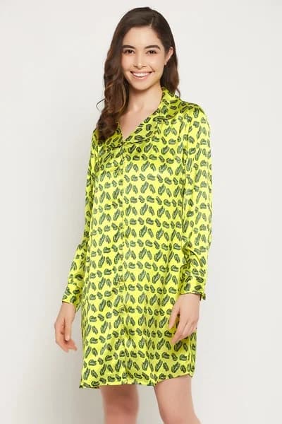 Buy Crocodile Print Button Down Sleep Shirt in Yellow - Satin Online - Clovia | Clovia Buy Crocodile Print Button Down Sleep Shirt in Yellow - Satin Online - Clovia | Clovia
