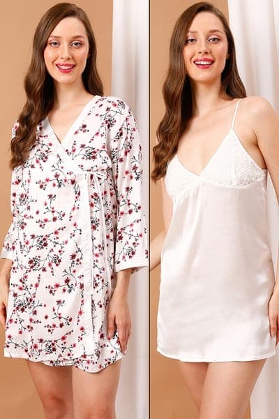 Chic Basic Short Night Dress & Pretty Florals Robe Set in White - Satin Chic Basic Short Night Dress & Pretty Florals Robe Set in White - Satin