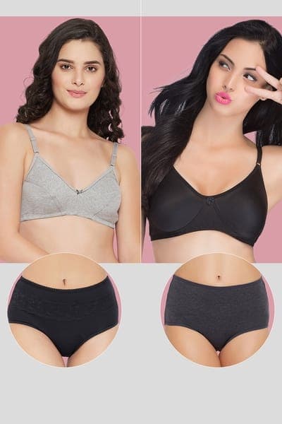 Pack of 4 Non-Padded Non-Wired Bras & High Waist Hipster Panties | Clovia Pack of 4 Non-Padded Non-Wired Bras & High Waist Hipster Panties | Clovia