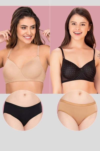Pack of 4 Non- Padded Non-wired bras & Hipster Panties | Clovia Pack of 4 Non- Padded Non-wired bras & Hipster Panties | Clovia