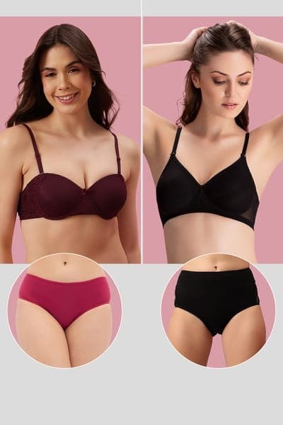 Pack of 4 Padded Multiway Bras & Solid Hipster Panties | Clovia Pack of 4 Padded Multiway Bras & Solid Hipster Panties | Clovia