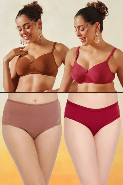 Pack of 4 Padded Multiway T-shirt Bras & Hipster Panties | Clovia Pack of 4 Padded Multiway T-shirt Bras & Hipster Panties | Clovia