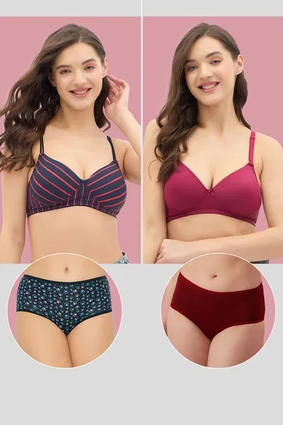 Pack of 4 Padded Non-Wired T-shirt Bras & High Waist Hipster Panties | Clovia Pack of 4 Padded Non-Wired T-shirt Bras & High Waist Hipster Panties | Clovia