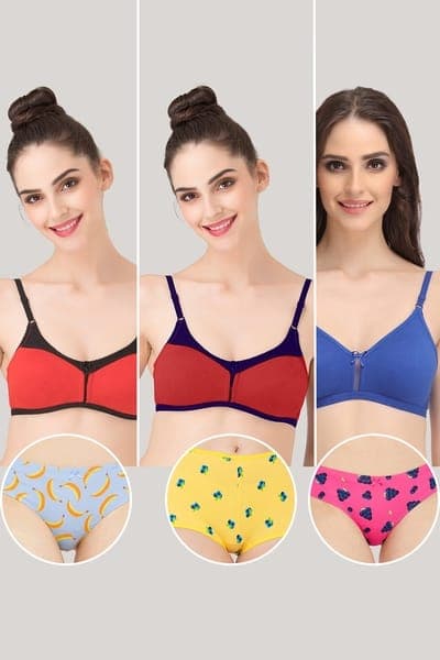 Pack of 6 Non-Padded Non-Wired Full Cup Bras & Fruit Print Panties - Cotton | Clovia Pack of 6 Non-Padded Non-Wired Full Cup Bras & Fruit Print Panties - Cotton | Clovia