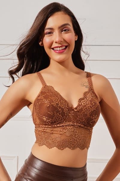 Padded Non-Wired Full Coverage Longline Bralette in Brown - Lace Padded Non-Wired Full Coverage Longline Bralette in Brown - Lace