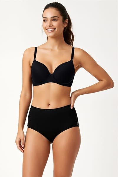 Padded Non-Wired Full Coverage Multiway T-Shirt Bra & High Waist Hipster Panty in Black | Clovia Padded Non-Wired Full Coverage Multiway T-Shirt Bra & High Waist Hipster Panty in Black | Clovia
