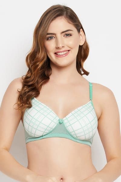 Padded Non-Wired Full Cup Checkered Print T-shirt Bra in White | Clovia Padded Non-Wired Full Cup Checkered Print T-shirt Bra in White | Clovia