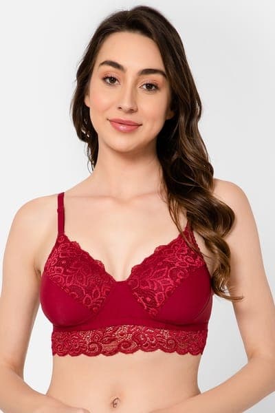 Padded Non-Wired Full Cup Multiway Longline Bralette in Maroon - Lace Padded Non-Wired Full Cup Multiway Longline Bralette in Maroon - Lace