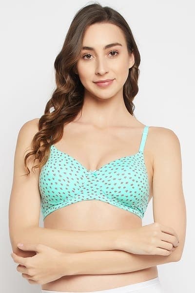 Padded Non-Wired Full Cup Printed Multiway T-shirt Bra in Aqua Blue - Cotton Padded Non-Wired Full Cup Printed Multiway T-shirt Bra in Aqua Blue - Cotton