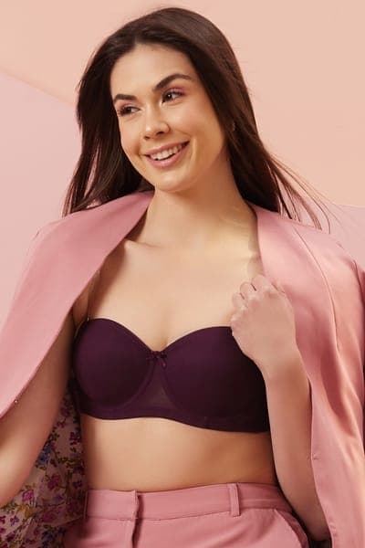 Invisi Padded Underwired Full Coverage Strapless Bra in Wine Colour with Transparent Straps | Clovia Invisi Padded Underwired Full Coverage Strapless Bra in Wine Colour with Transparent Straps | Clovia