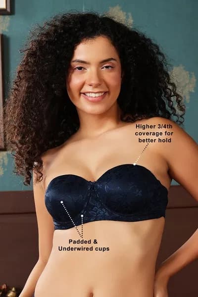 Invisi Padded Wired Full Coverage Strapless Bra in Navy with Transparent Straps | Clovia Invisi Padded Wired Full Coverage Strapless Bra in Navy with Transparent Straps | Clovia