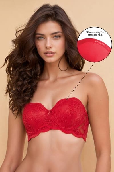 Padded Underwired Full Coverage Self-Patterned Multiway Strapless Balconette Bra in Red - Lace | Clovia Padded Underwired Full Coverage Self-Patterned Multiway Strapless Balconette Bra in Red - Lace | Clovia