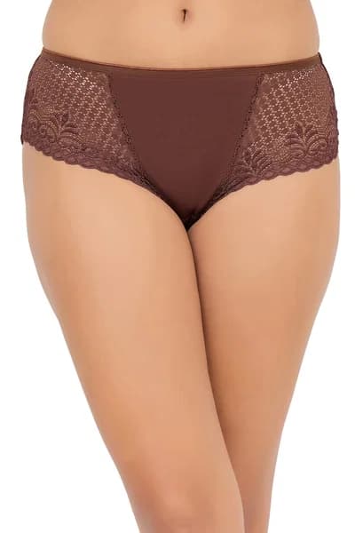 Mid Waist Hipster Panty in Brown - Cotton & Lace | Clovia Mid Waist Hipster Panty in Brown - Cotton & Lace | Clovia