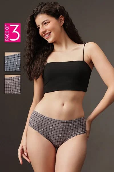 Pack of 3 Mid Waist Printed Hipster Panties with Inner Elastic - 100% Cotton | Clovia Pack of 3 Mid Waist Printed Hipster Panties with Inner Elastic - 100% Cotton | Clovia