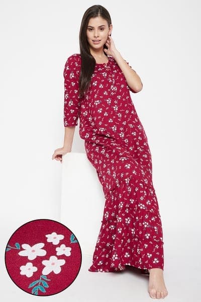Floral Print Long Nighty in Maroon - Rayon | Clovia Floral Print Long Nighty in Maroon - Rayon | Clovia