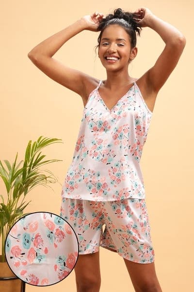 Buy Pretty Florals Top & Shorts Set in Light Grey - Satin Online - Clovia | Clovia Buy Pretty Florals Top & Shorts Set in Light Grey - Satin Online - Clovia | Clovia