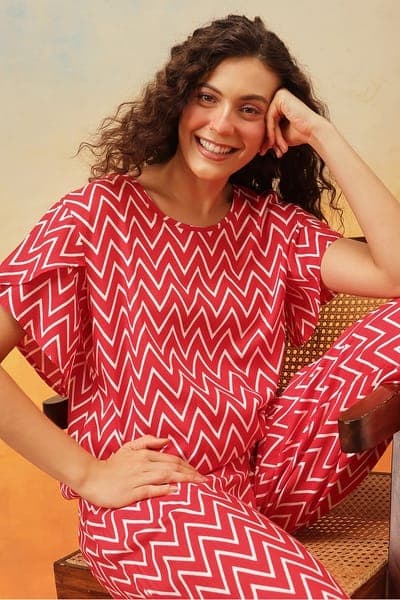 Chevron Print Top & Pyjama Set in Red - Rayon | Clovia Chevron Print Top & Pyjama Set in Red - Rayon | Clovia