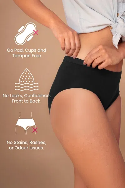 REVAA Mid Waist Reusable Leakproof Menstrual Panty in Black - Cotton | Clovia REVAA Mid Waist Reusable Leakproof Menstrual Panty in Black - Cotton | Clovia