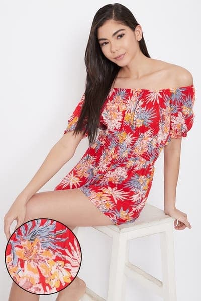 Tropical Print Bardot Resort Playsuit in Red - Rayon Tropical Print Bardot Resort Playsuit in Red - Rayon
