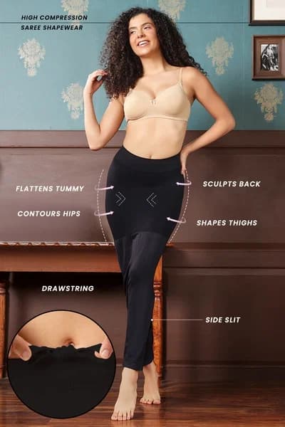 Saree Shapewear with Drawstring in Black | Clovia Saree Shapewear with Drawstring in Black | Clovia