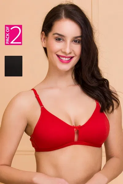 Smoothie Non-Padded Non-Wired Full Coverage T-shirt Bra in Red & Black - Cotton | Clovia Smoothie Non-Padded Non-Wired Full Coverage T-shirt Bra in Red & Black - Cotton | Clovia