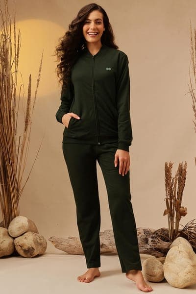 Zippered Jacket & Pyjama Set in Bottle Green - 100% Terry Cotton Zippered Jacket & Pyjama Set in Bottle Green - 100% Terry Cotton