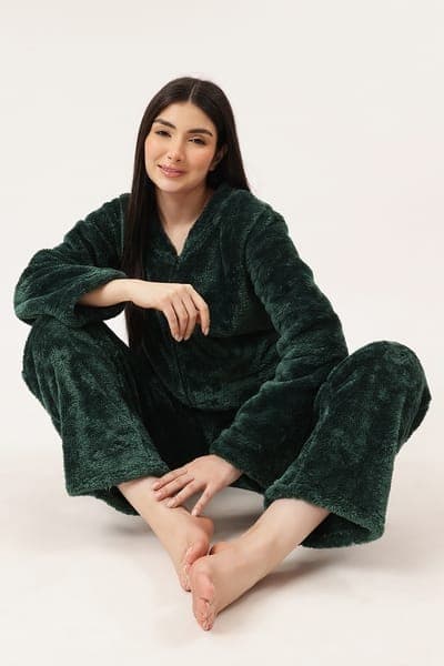Zippered Jacket & Pyjama Set in Bottle Green - Fleece Zippered Jacket & Pyjama Set in Bottle Green - Fleece