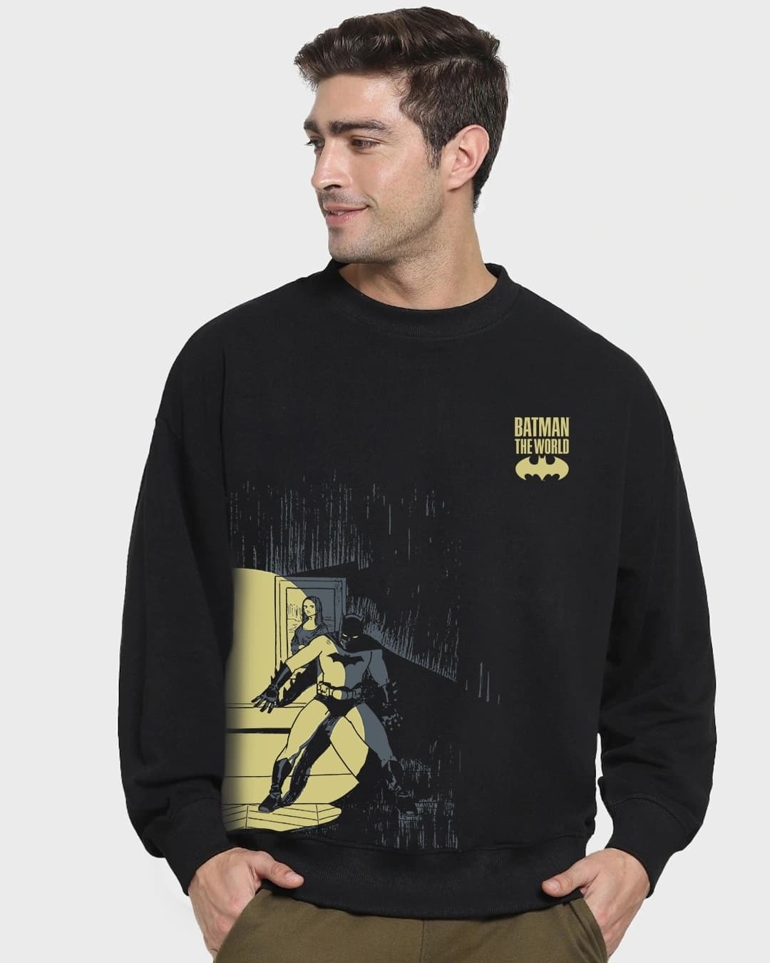 Buy Men's Black Batman The World Graphic Printed Oversized Sweatshirt Online at Bewakoof | Bewakoof Buy Men's Black Batman The World Graphic Printed Oversized Sweatshirt Online at Bewakoof | Bewakoof