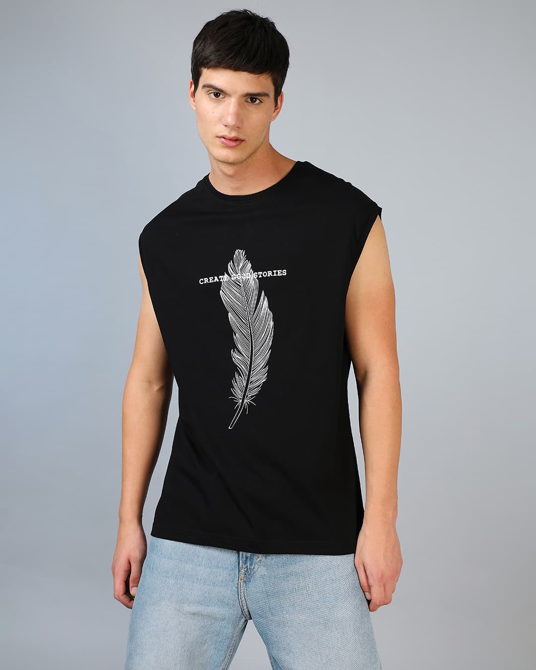 Buy Men's Black Create Good Stories Typography Super Loose Fit Vest Online at Bewakoof | Bewakoof Buy Men's Black Create Good Stories Typography Super Loose Fit Vest Online at Bewakoof | Bewakoof