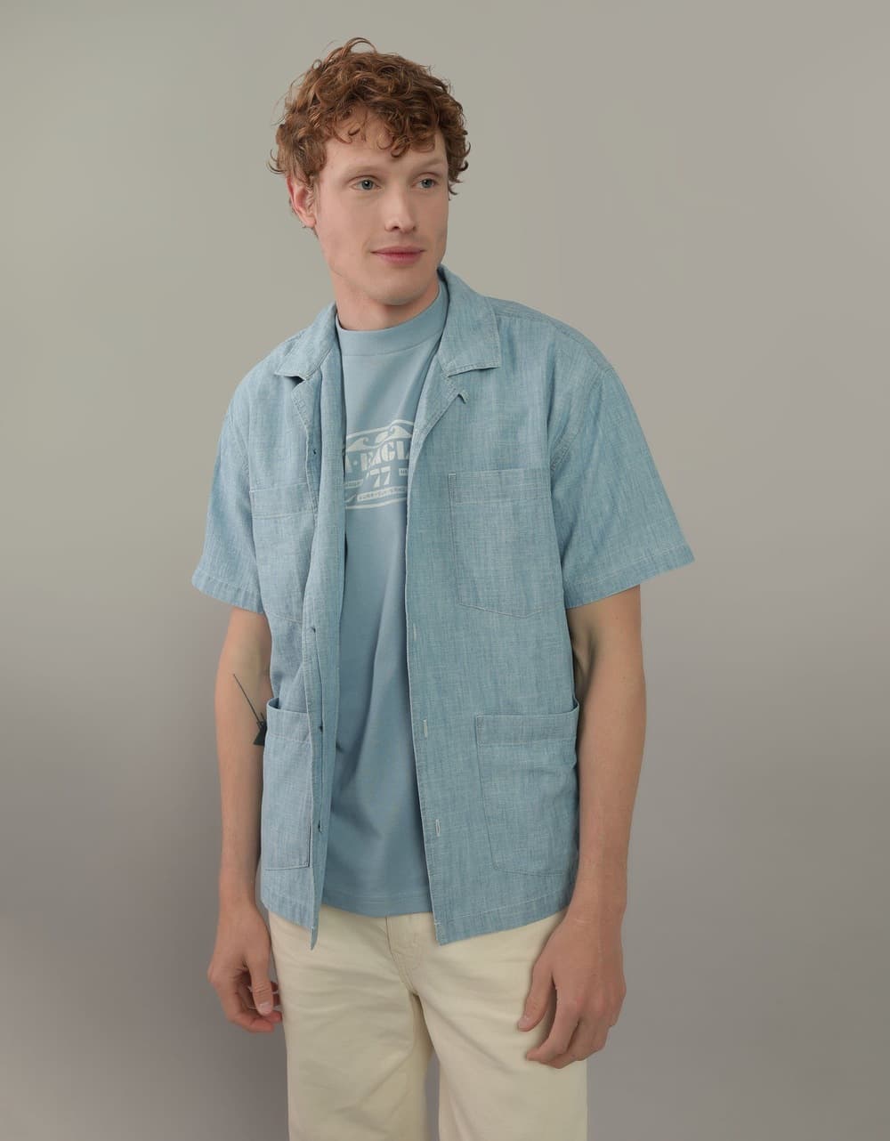 American Eagle Men Blue Button-Up Poolside Shirt | Aeo American Eagle Men Blue Button-Up Poolside Shirt | Aeo