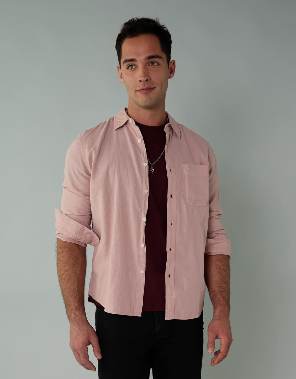 American Eagle Men Pink Long-Sleeve Linen-Blend Button-Up Shirt | Aeo American Eagle Men Pink Long-Sleeve Linen-Blend Button-Up Shirt | Aeo