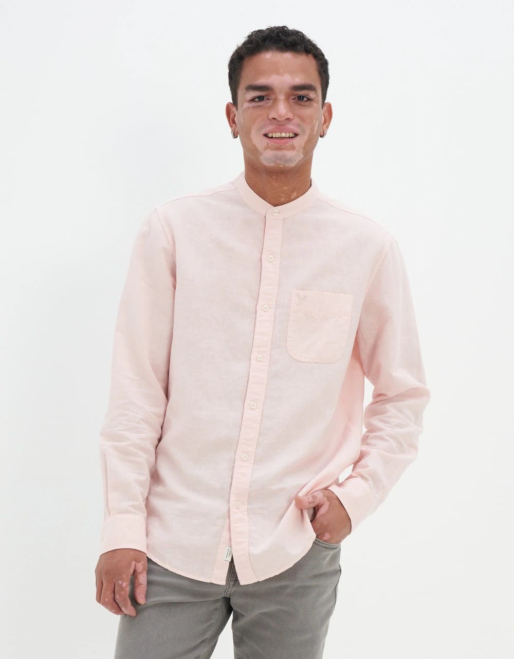American Eagle Men Pink Band Collar Linen Button-Up Shirt | Aeo American Eagle Men Pink Band Collar Linen Button-Up Shirt | Aeo