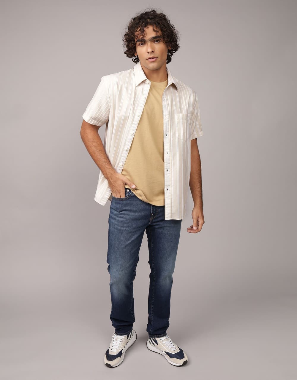 American Eagle Men Bone Khaki Poolside Button-Up Shirt | Aeo American Eagle Men Bone Khaki Poolside Button-Up Shirt | Aeo