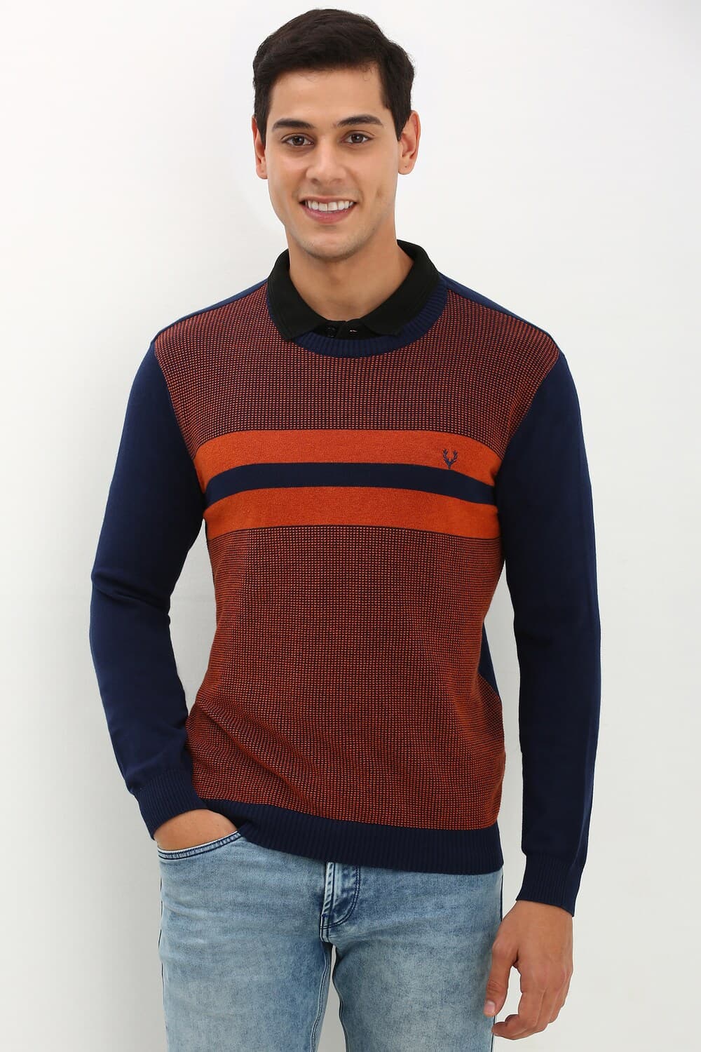 Men Orange Patterned Crew Neck Full Sleeves Sweater Men Orange Patterned Crew Neck Full Sleeves Sweater