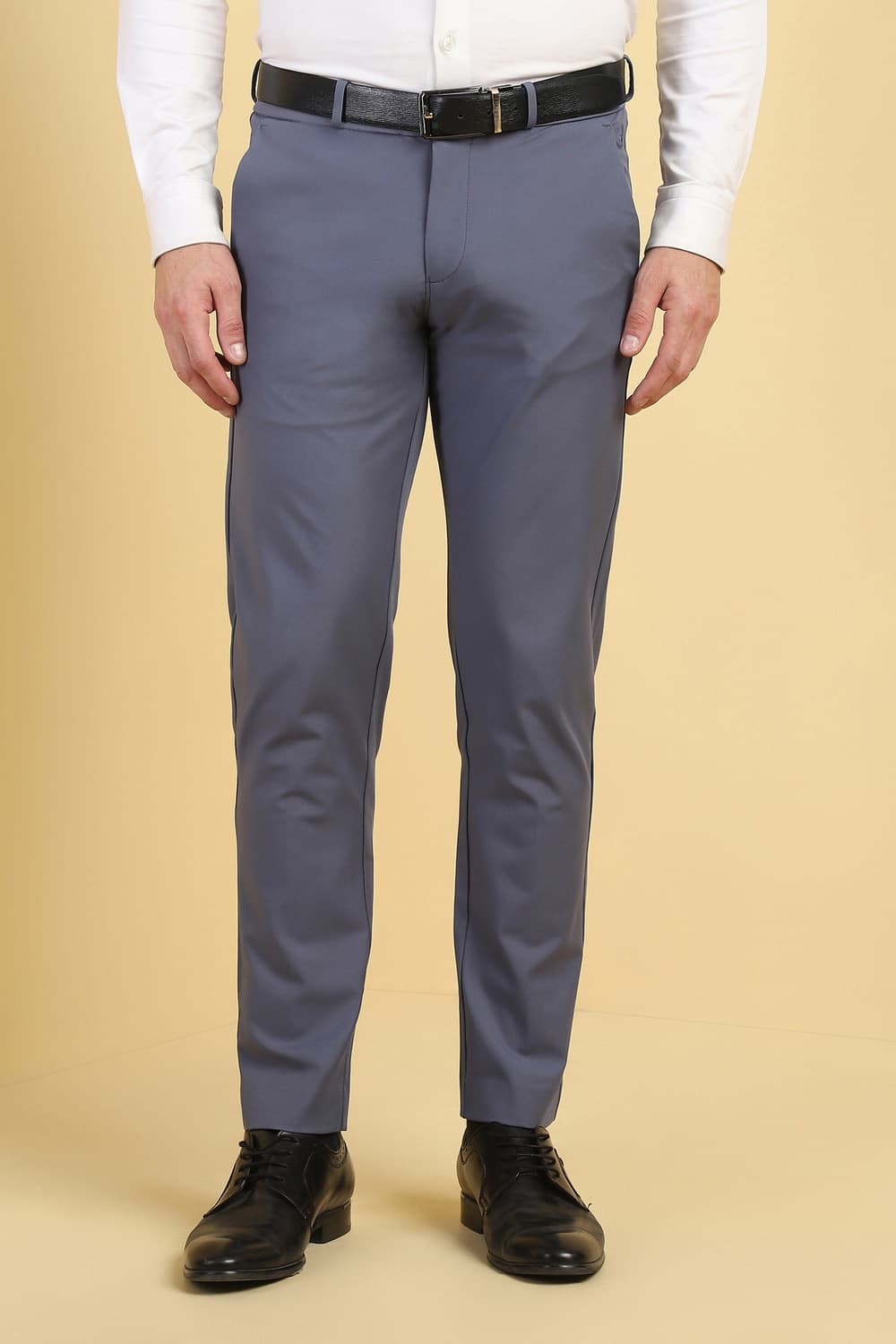Men Grey Contemporary Fit Solid Formal Trousers Men Grey Contemporary Fit Solid Formal Trousers