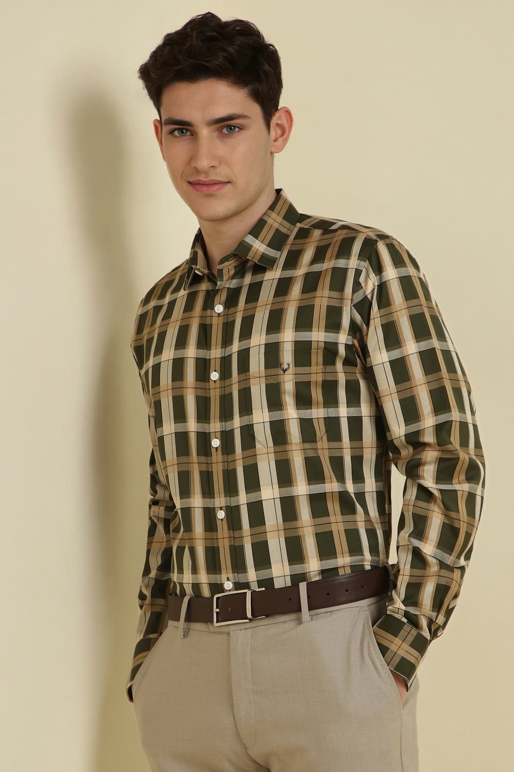 Men Olive Regular Fit Checked Full Sleeves Formal Shirt Men Olive Regular Fit Checked Full Sleeves Formal Shirt