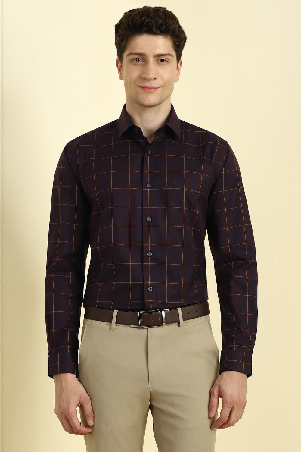 Men Brown Regular Fit Checked Full Sleeves Formal Shirt | Allen Solly Men Brown Regular Fit Checked Full Sleeves Formal Shirt | Allen Solly