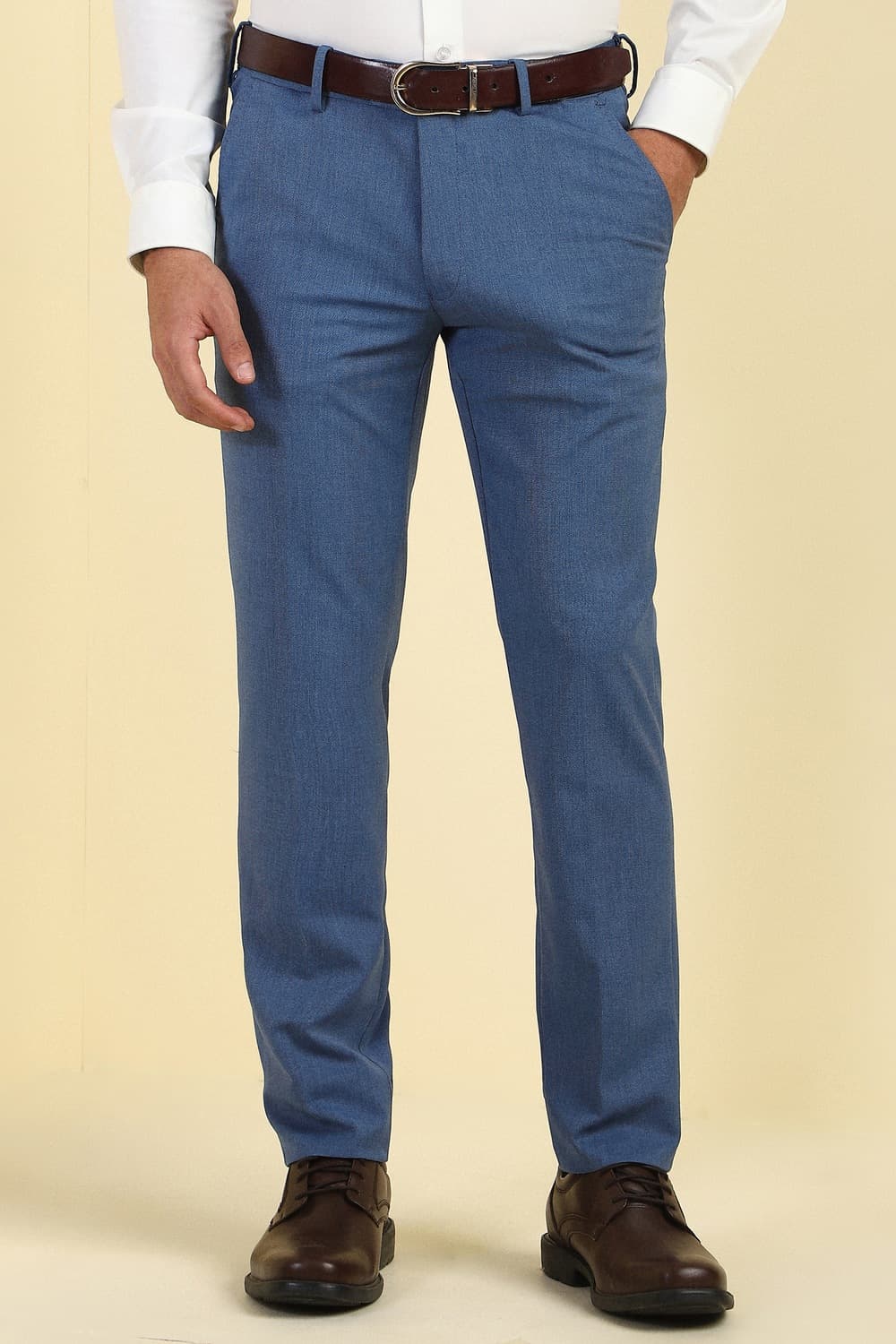 Men Blue Textured Formal Trousers Men Blue Textured Formal Trousers