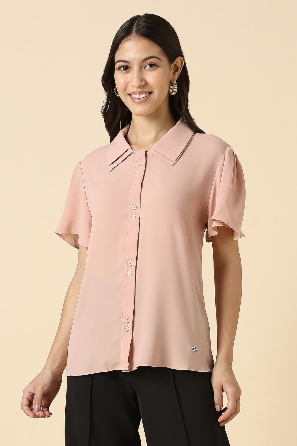 Women Peach Solid Short Sleeves Shirt Women Peach Solid Short Sleeves Shirt
