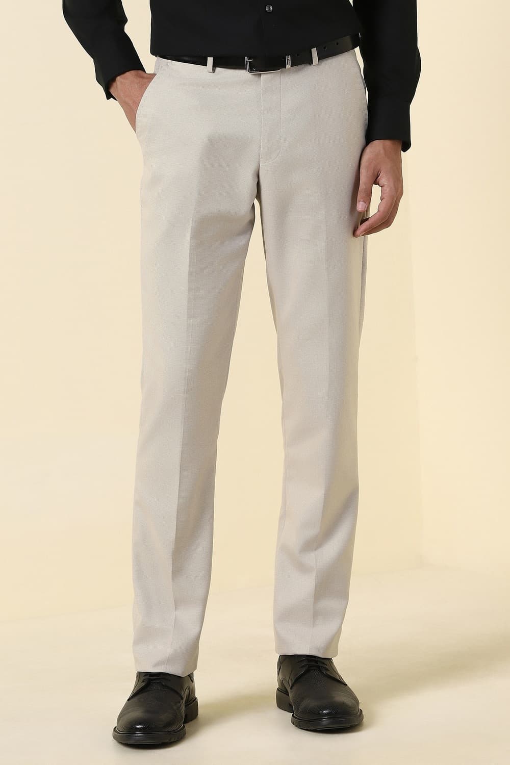 Men Beige Textured Formal Trousers Men Beige Textured Formal Trousers