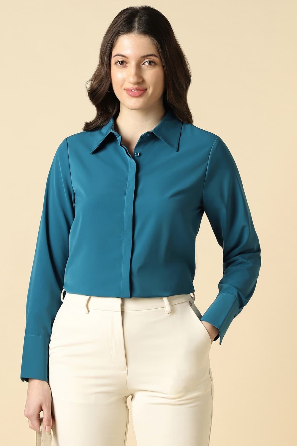 Women Blue Solid Long Sleeves Shirt Women Blue Solid Long Sleeves Shirt