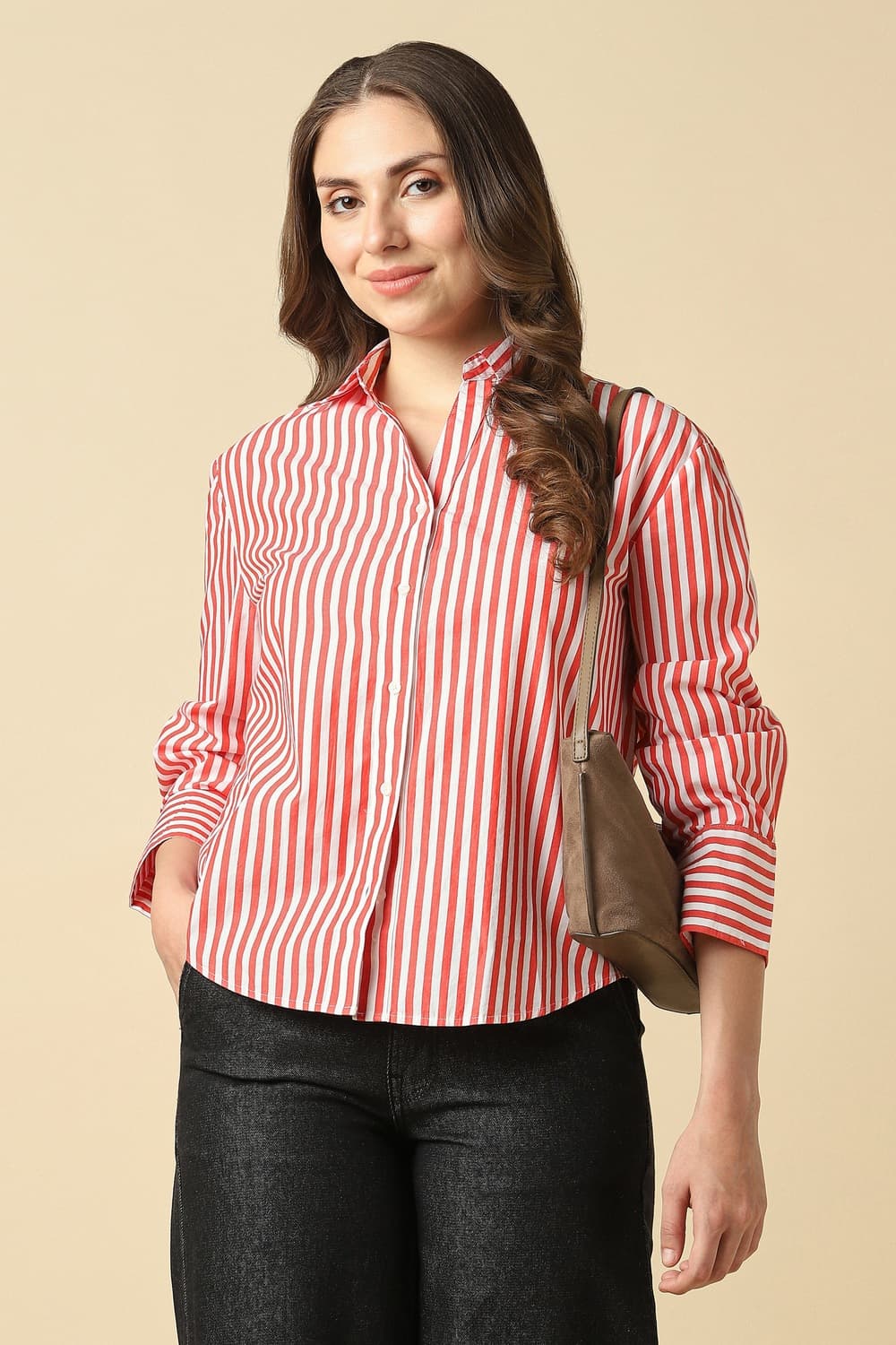 Women Red Stripe Long Sleeves Shirt Women Red Stripe Long Sleeves Shirt