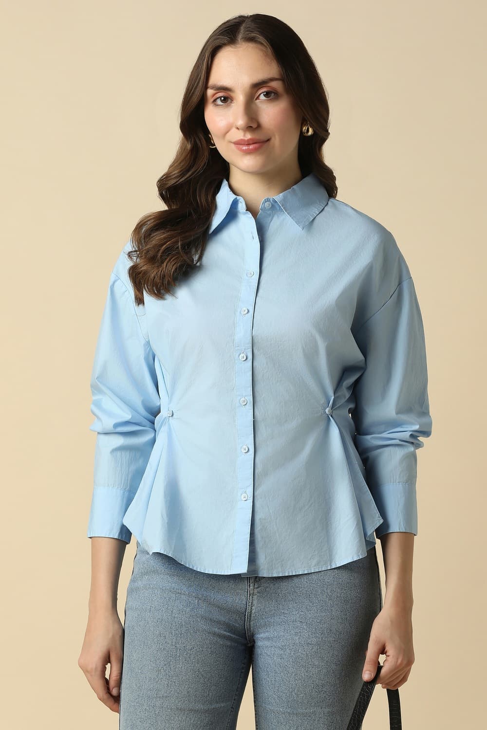 Women Light Blue Solid Long Sleeves Shirt Women Light Blue Solid Long Sleeves Shirt