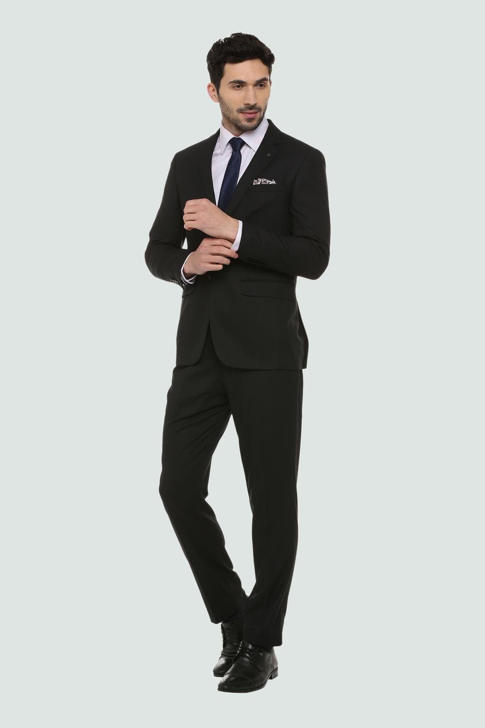 Men Black Slim Fit Textured Formal Two Piece Suit | Louisphilippe Men Black Slim Fit Textured Formal Two Piece Suit | Louisphilippe