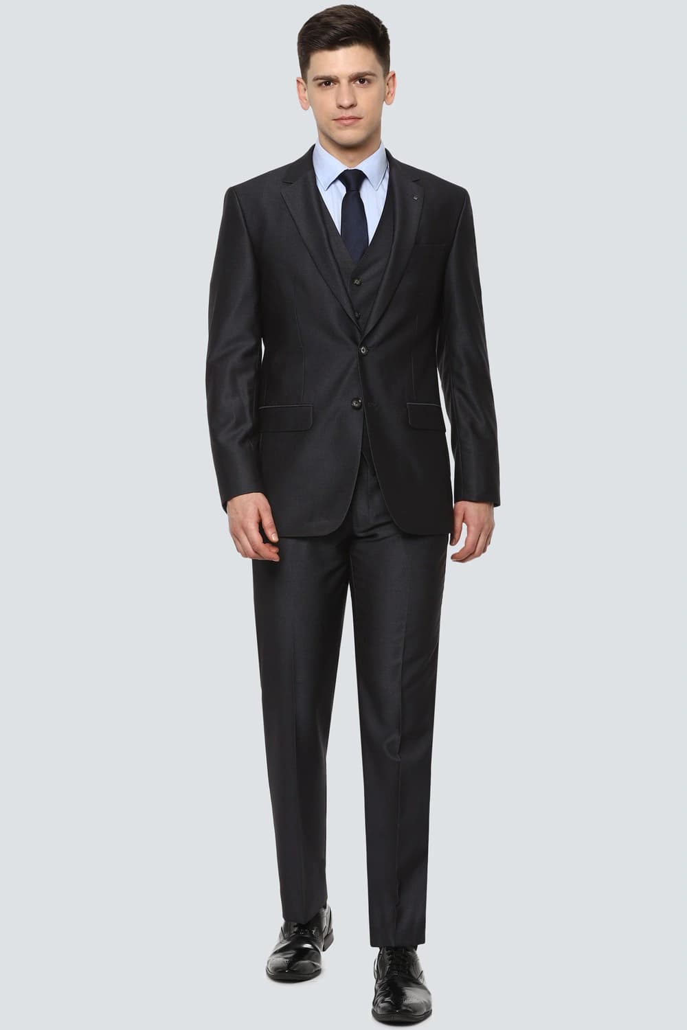 Men Grey Slim Fit Textured Formal Three Piece Suit | Louisphilippe Men Grey Slim Fit Textured Formal Three Piece Suit | Louisphilippe
