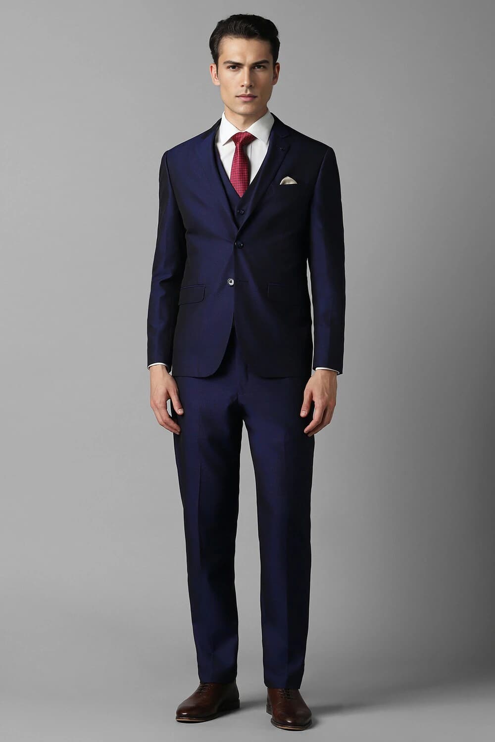 Men Navy Slim Fit Textured Formal Three Piece Suit | Louisphilippe Men Navy Slim Fit Textured Formal Three Piece Suit | Louisphilippe