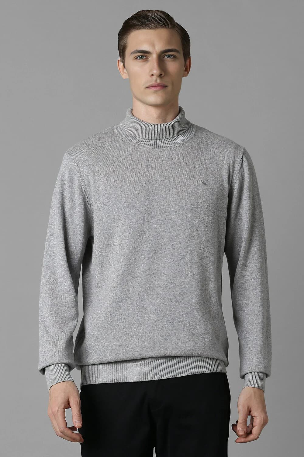 Men Grey Solid Turtle Neck Full Sleeves Sweater | Louisphilippe Men Grey Solid Turtle Neck Full Sleeves Sweater | Louisphilippe