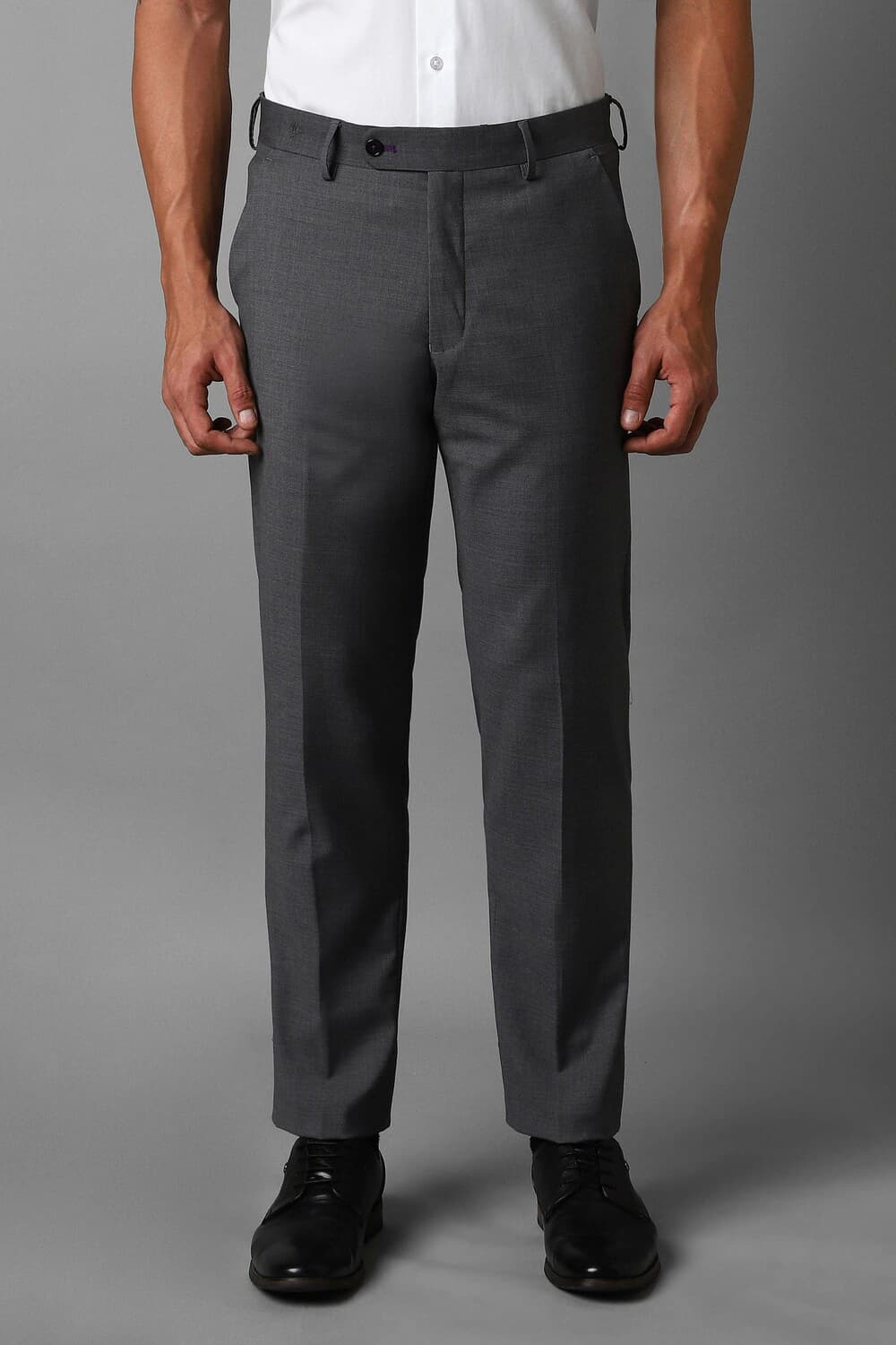 Men Grey Slim Fit Textured Flat Front Formal Trousers | Louisphilippe Men Grey Slim Fit Textured Flat Front Formal Trousers | Louisphilippe